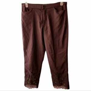 Vintage Ka Hing Brown Embroidered Hem Capri Pants Plus Size 14 (L/XL)
